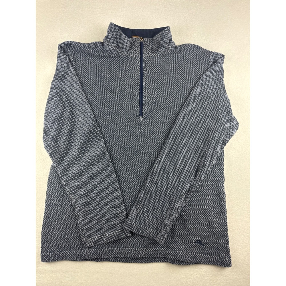 Tommy Bahama Men's M Navy Blue Herringbone Quarter Zip Pullover Preppy Textured